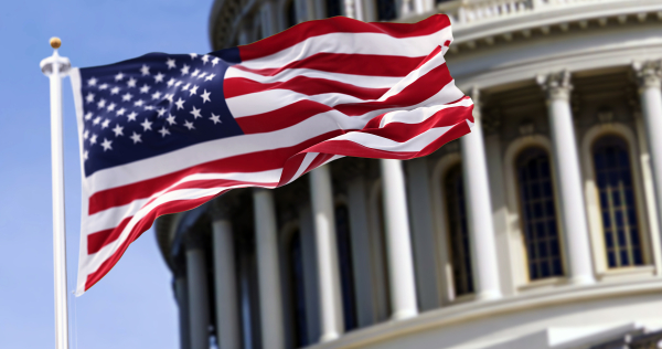 American flag in front of government building